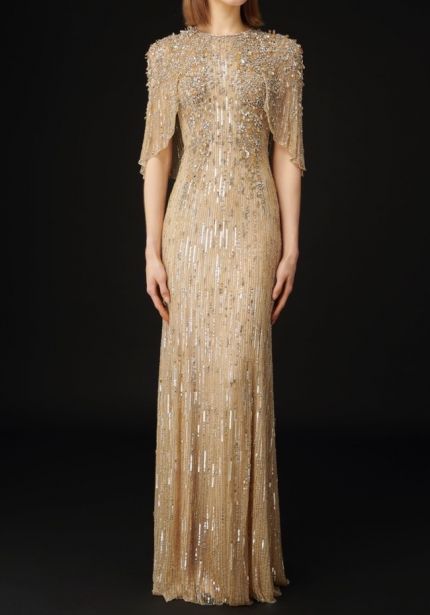 Embellished Cape Sleeve Evening Dress