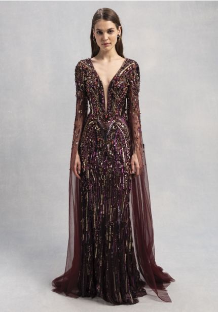 Heavily Beaded Tulle Evening Gown