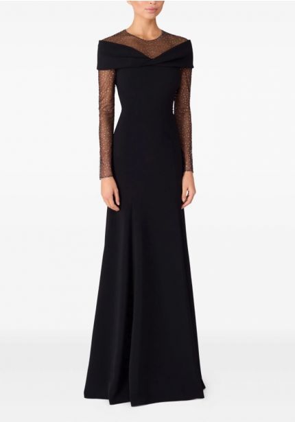 Illusion Sleeve Crepe Gown