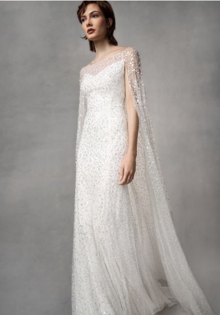 Embellished Cape-Detail Wedding Dress