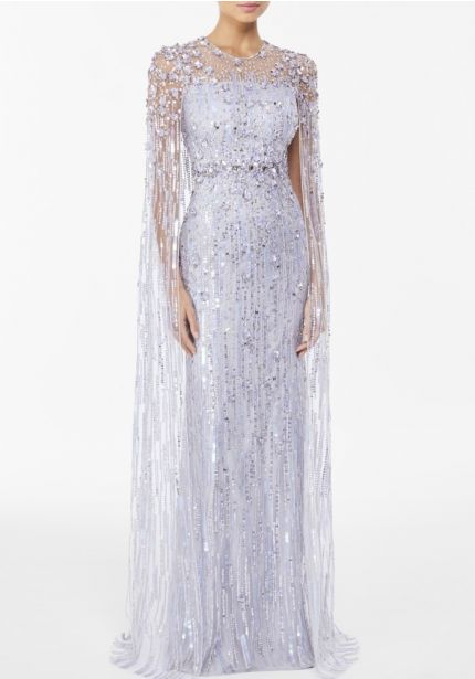Embellished Cape-Effect Evening Gown