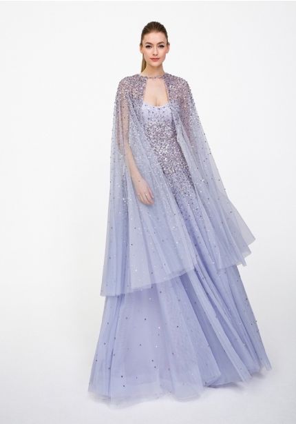 Heavily Beaded Tulle Gown with Cape