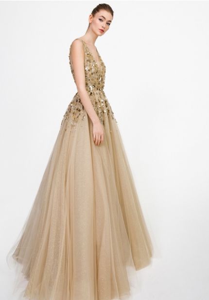 Gold Metallic Floral Glitter Tulle Gown