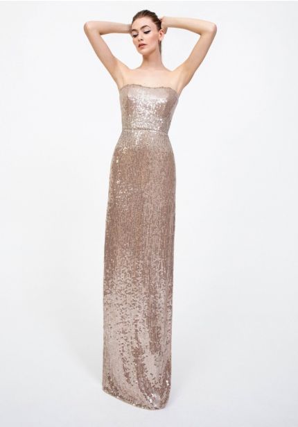 Gold Sequin Embellished Strapless Gown