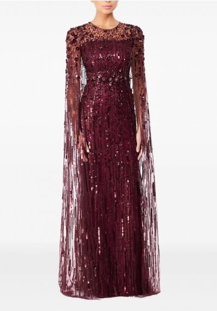 Embellished Cape-Effect Evening Gown