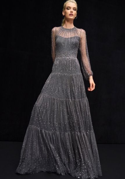 Beaded Long Sleeve Gown