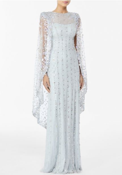 Embellished Cape-Detail Evening Gown