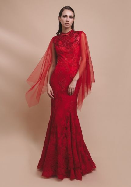 Red Cheongsam Lace Evening Dress