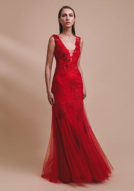 Embroidered Red Tulle Gown