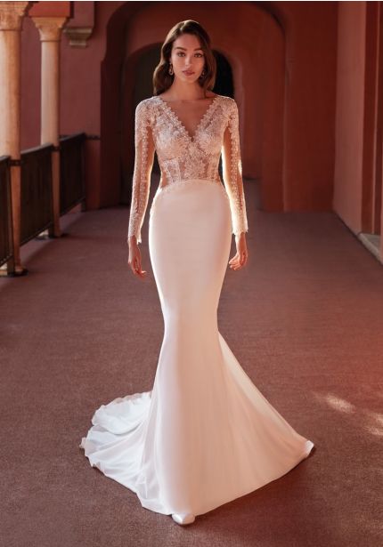 Embroidered Long Sleeves Crepe Wedding Dress