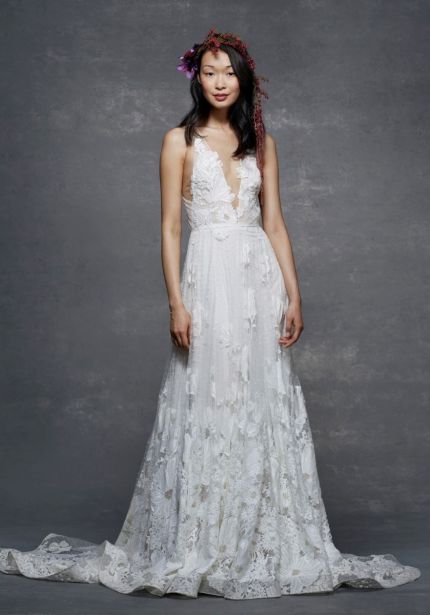 Embroidered Flowers Tulle Wedding Dress