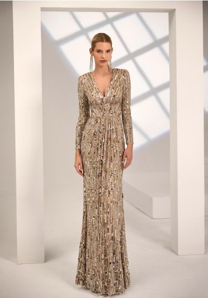 Sequinned Long Sleeve Gown
