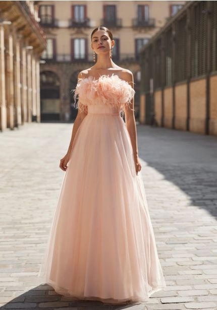 Feather Tulle Evening Gown