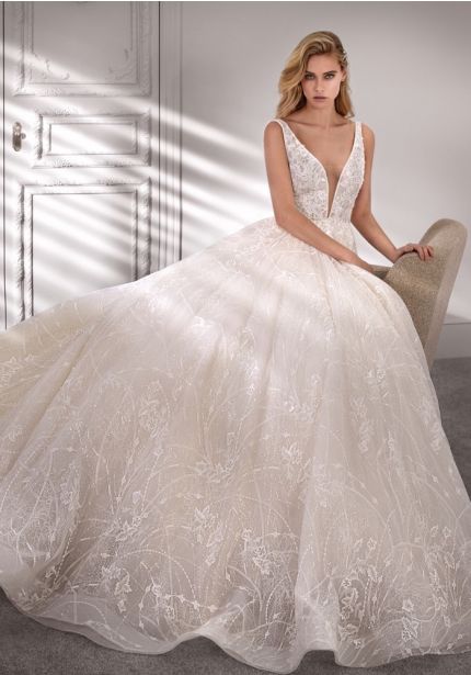 Embroidered Glitter Tulle Ball Gown