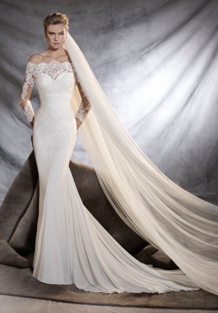 Embroidered Off-Shoulder Crepe Wedding Dress