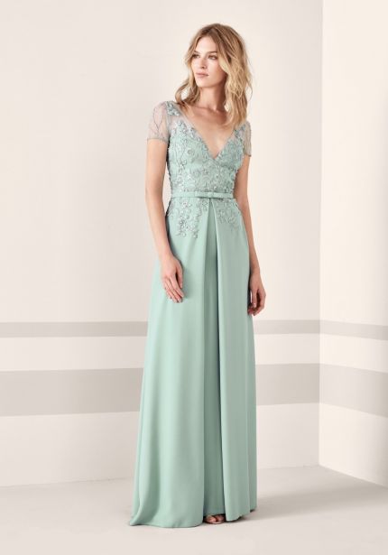Embellished Crepe Gown with Cap Sleeves