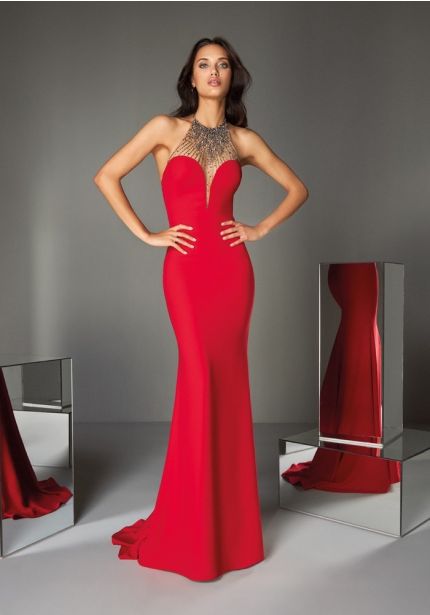 Beaded Red Crepe Gown with Open Back