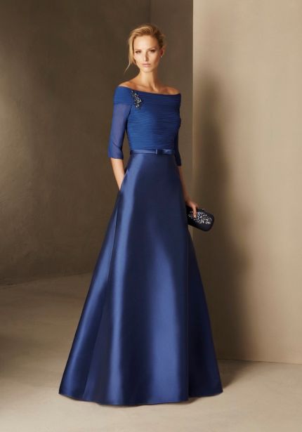 Mikado Flared Gown with 3/4 Sleeves