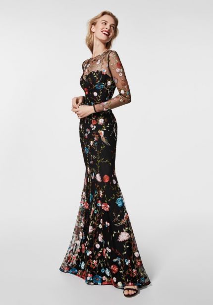Multi-Colour Floral Black Tulle Gown