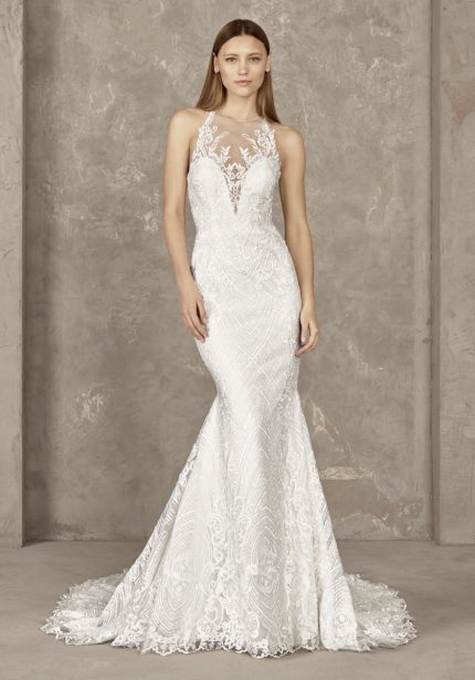 Embroidered Mermaid Wedding Dress with Sheer Back