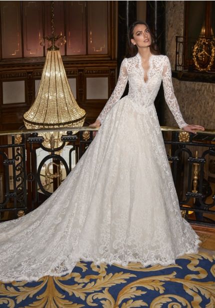 Embroidered Long Sleeve Ball Gown