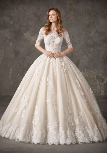 Embroidered Off-Shoulder Voluminous Ball Gown 