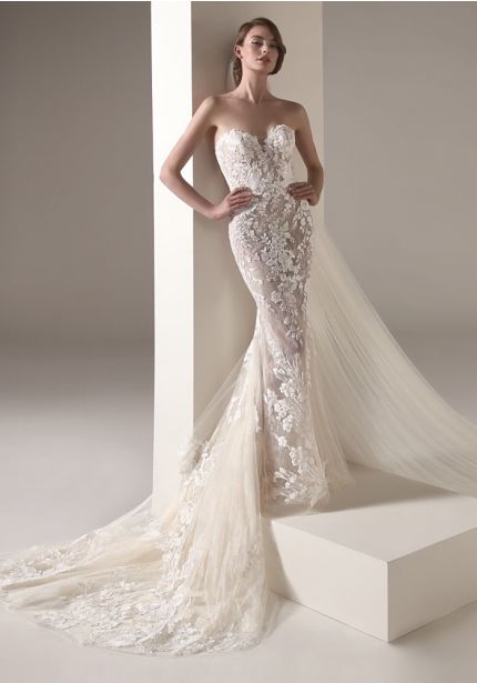 Embroidered Nude Colour Strapless Lace Wedding Dress