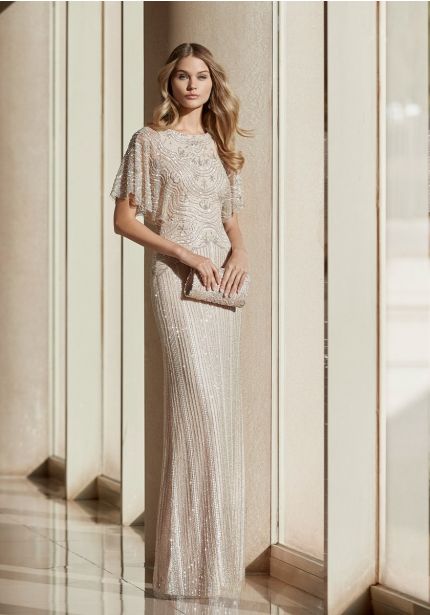 Beaded Column Beige Tulle Gown