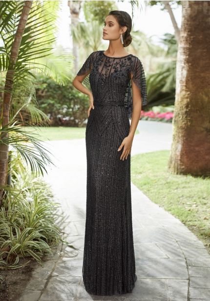 Beaded Tulle Gown With Small Cape