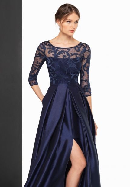 Embroidered Navy Blue Faille Gown with Slit