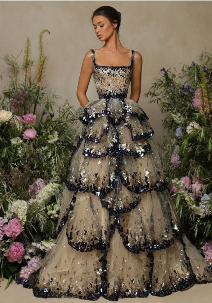 Embellished Tiered Evening Gown
