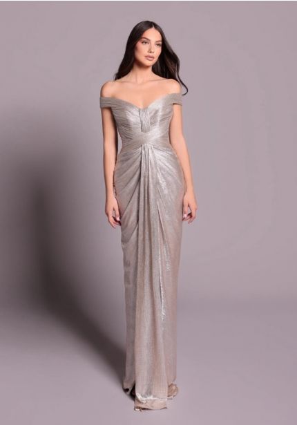 Draped Silver Evening Gown