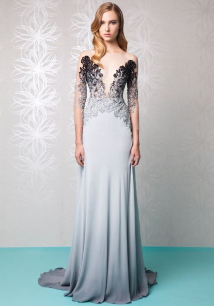 Sequined Grey Silk Crepe Gown 