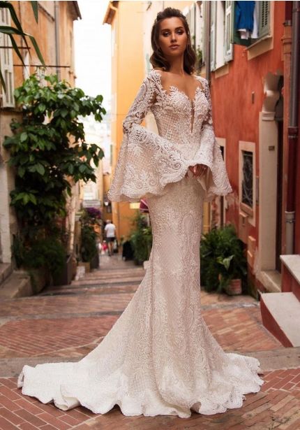 Beaded Wedding Dress with Trumpet Sleeves.
