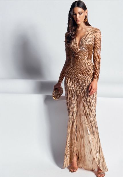 Sequinned Long Sleeve Gown