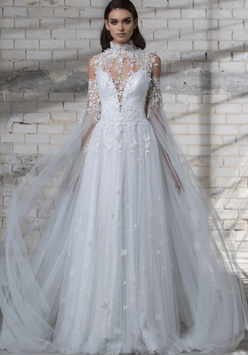 Love by Pnina Tornai | 14672 | Floral Embellished Tulle Gown with Cape ...
